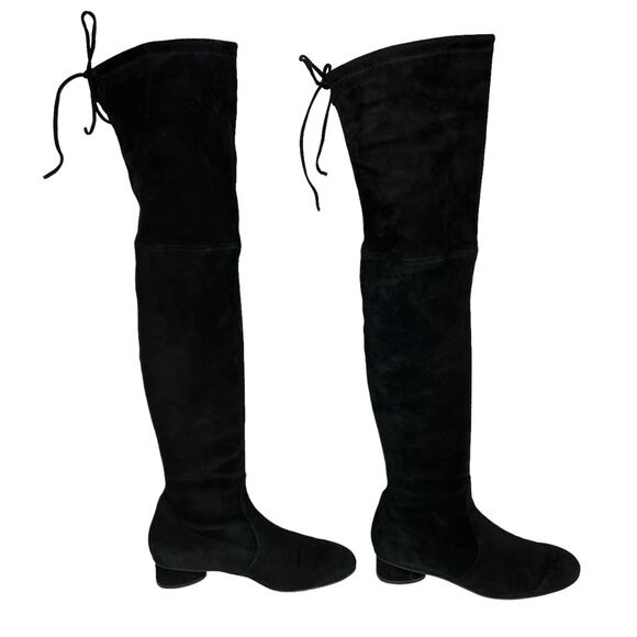 Stuart Weitzman Lorene 30 Over The Knee Tie Boots Black Suede Leather Size 8.5 - Picture 1 of 14